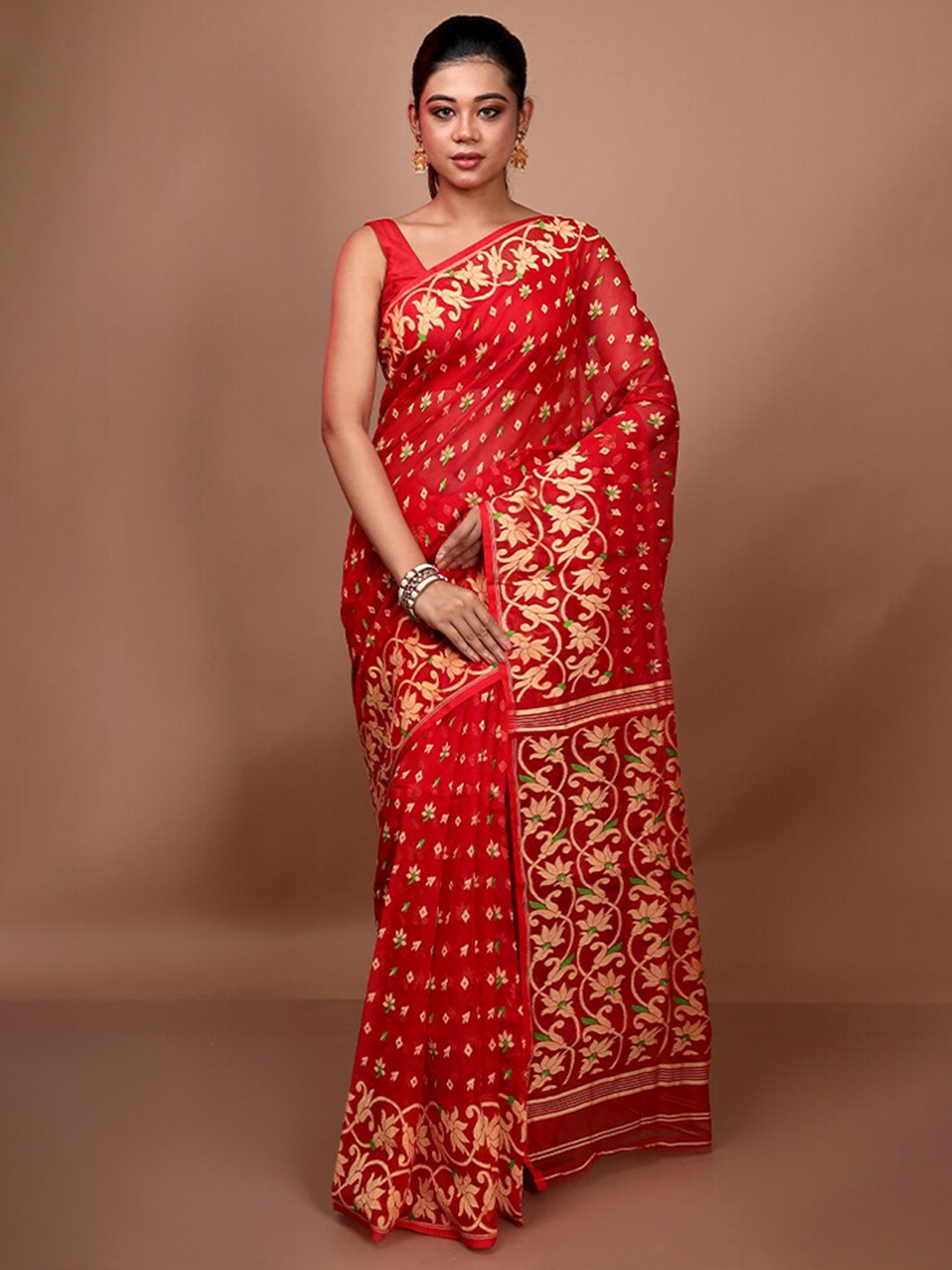 

AllSilks Floral Woven Design Pure Silk Taant Saree, Red