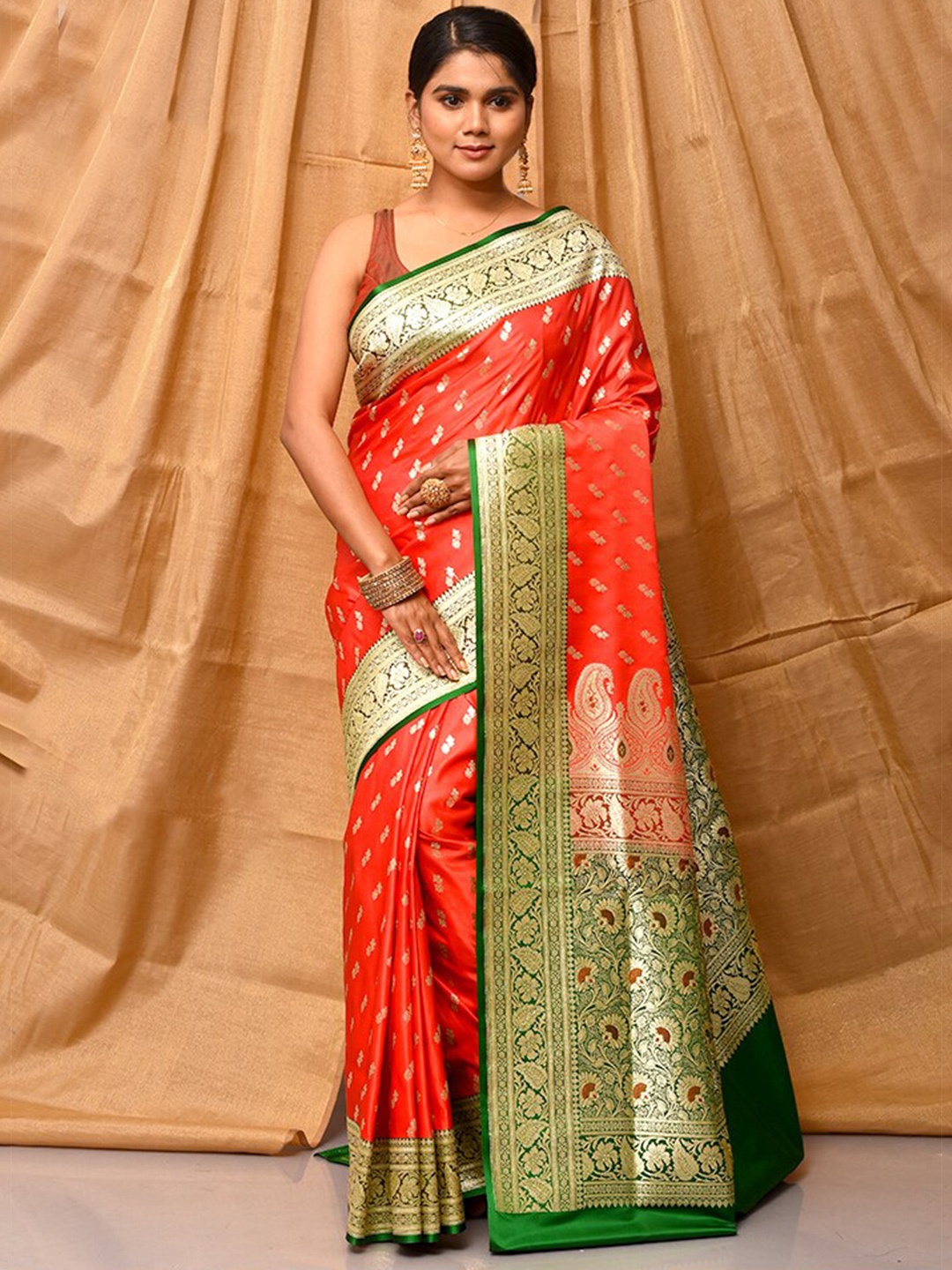

AllSilks Red & Green Woven Design Zari Pure Silk Banarasi Saree