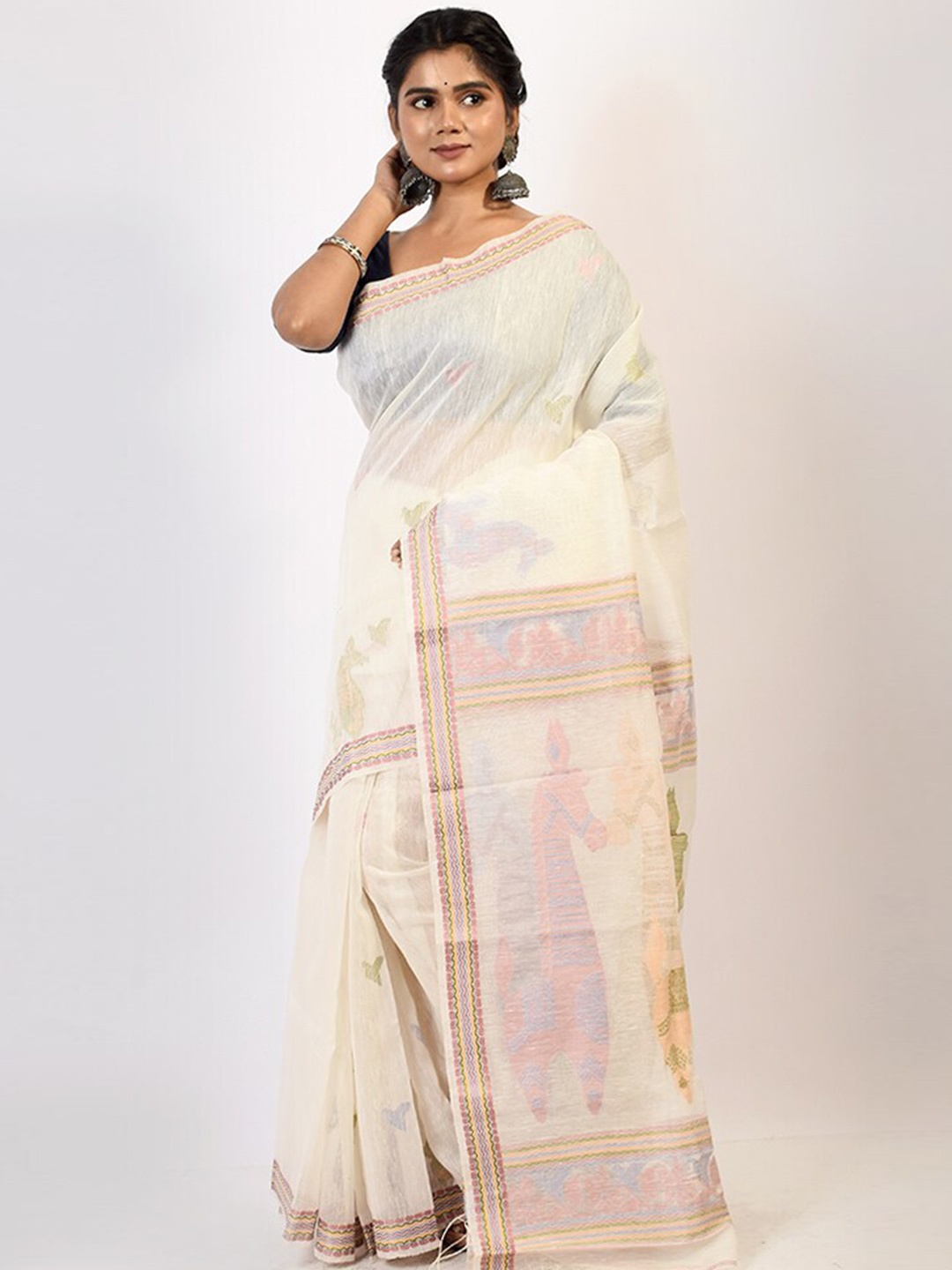 

AllSilks White & Purple Woven Design Pure Silk Saree