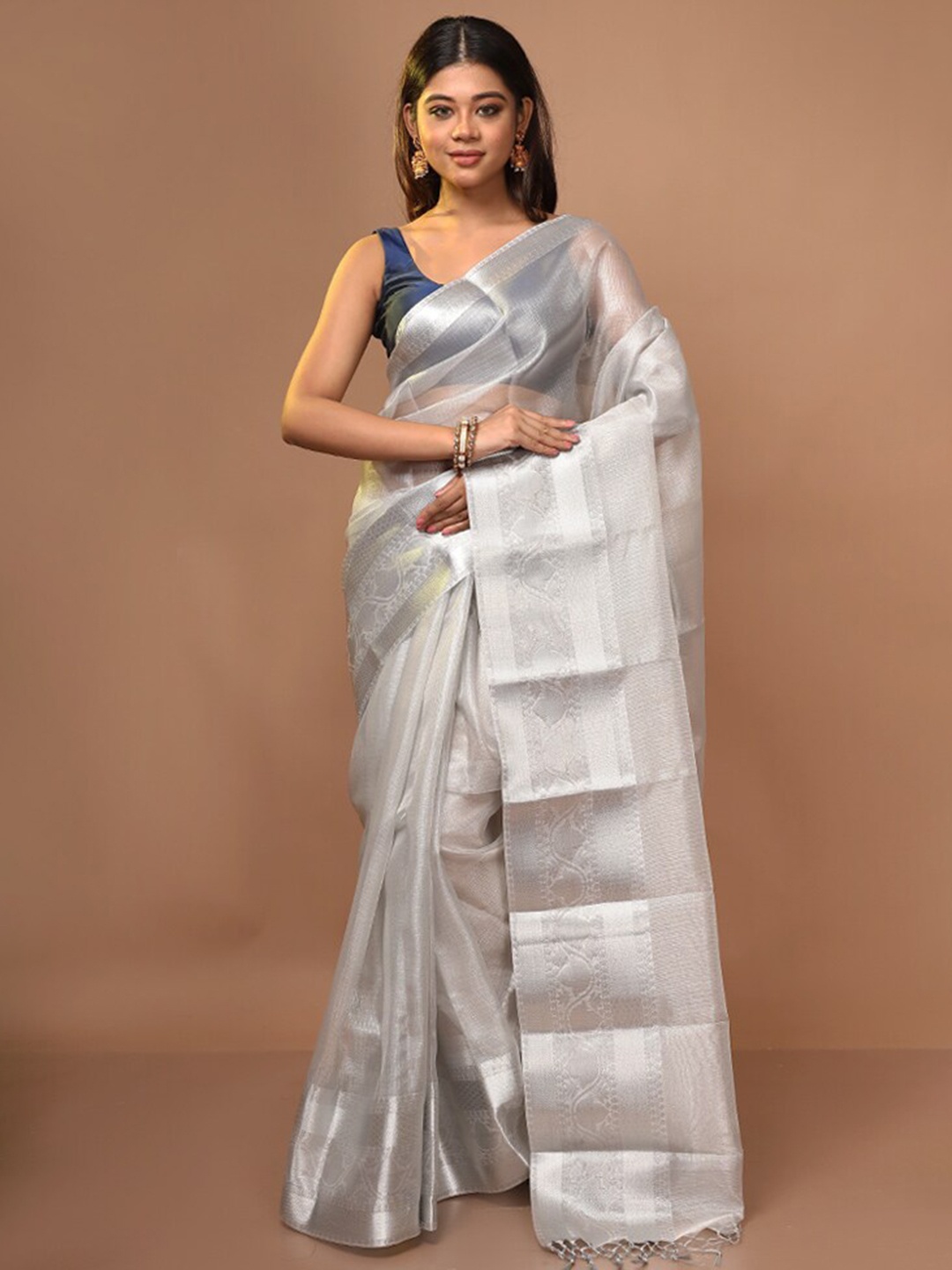 

AllSilks Checked Zari Net Saree, Silver