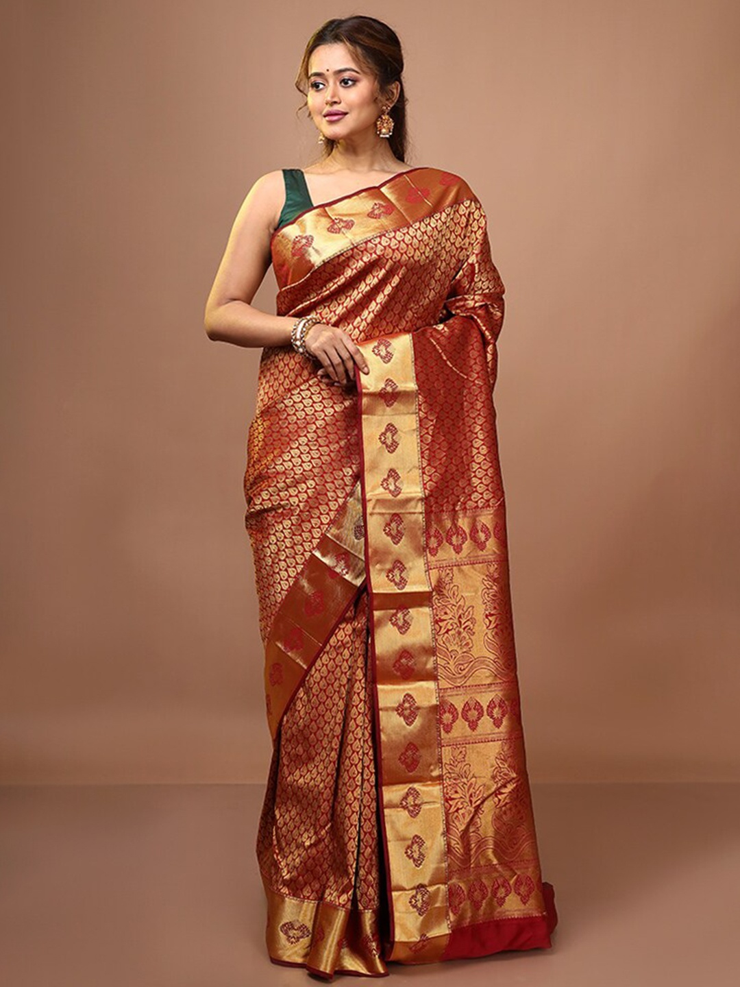 

AllSilks Maroon & Gold-Toned Woven Design Zari Pure Silk Kanjeevaram Saree