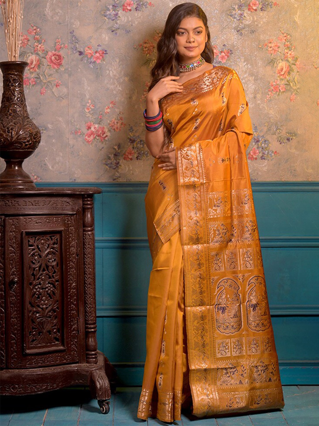 

AllSilks Ethnic Motifs Woven Design Zari Pure Silk Baluchari Saree, Yellow