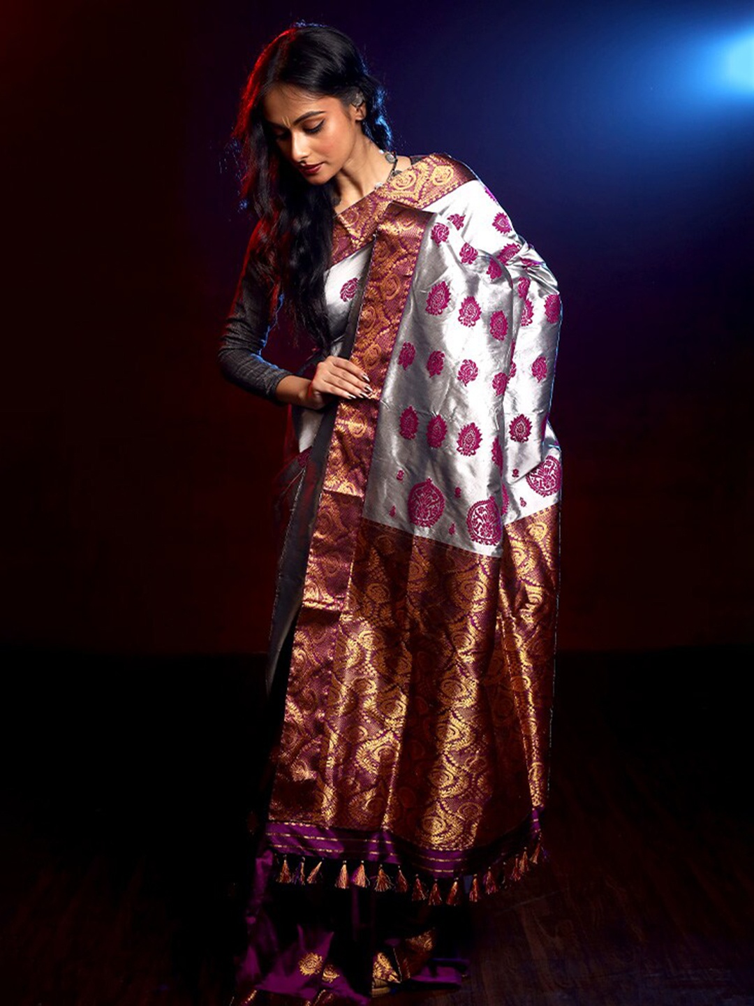 

AllSilks Woven Design Zari Pure Silk Saree, Grey