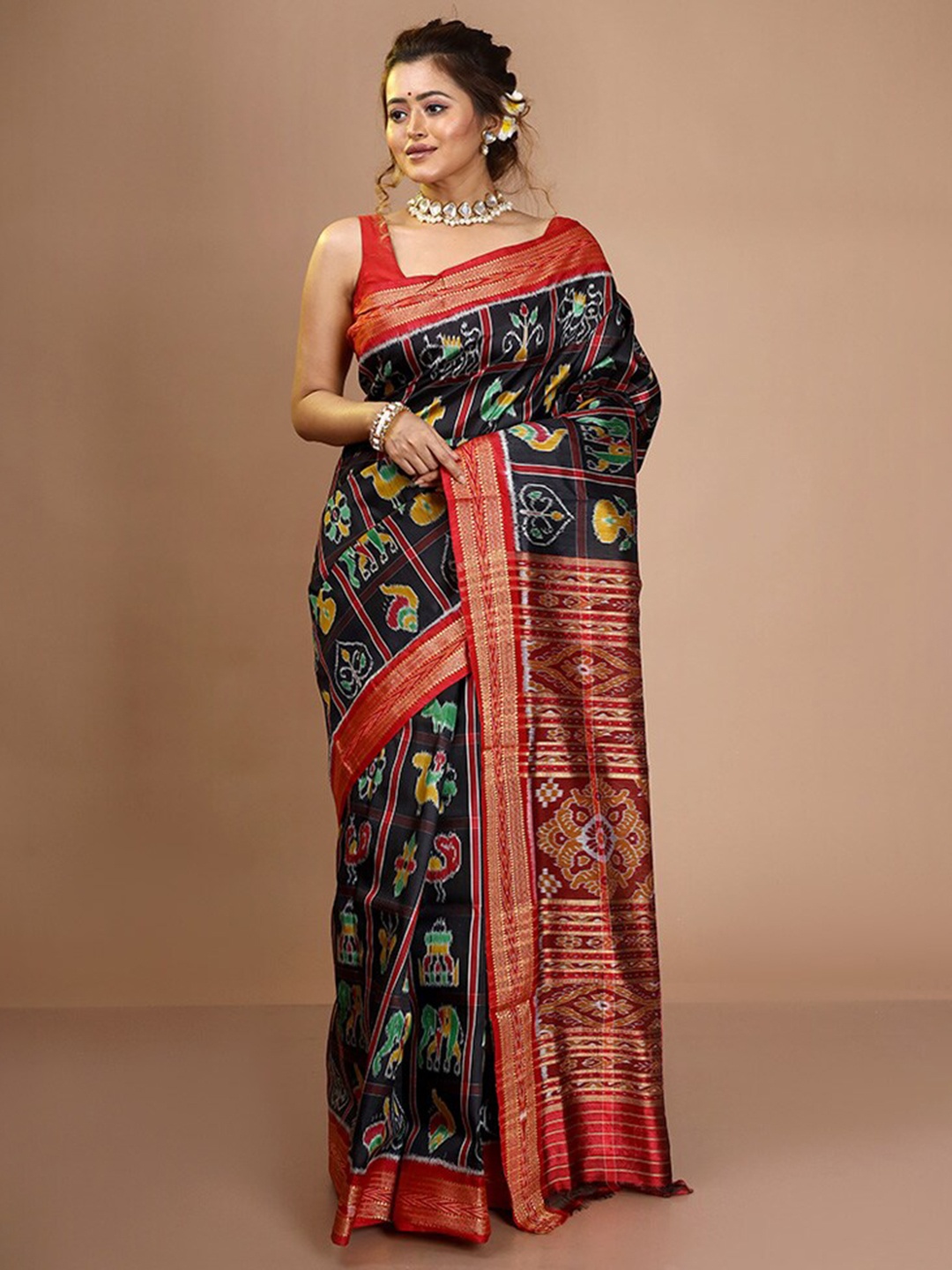 

AllSilks Black & Red Ethnic Motifs Zari Pure Silk Saree