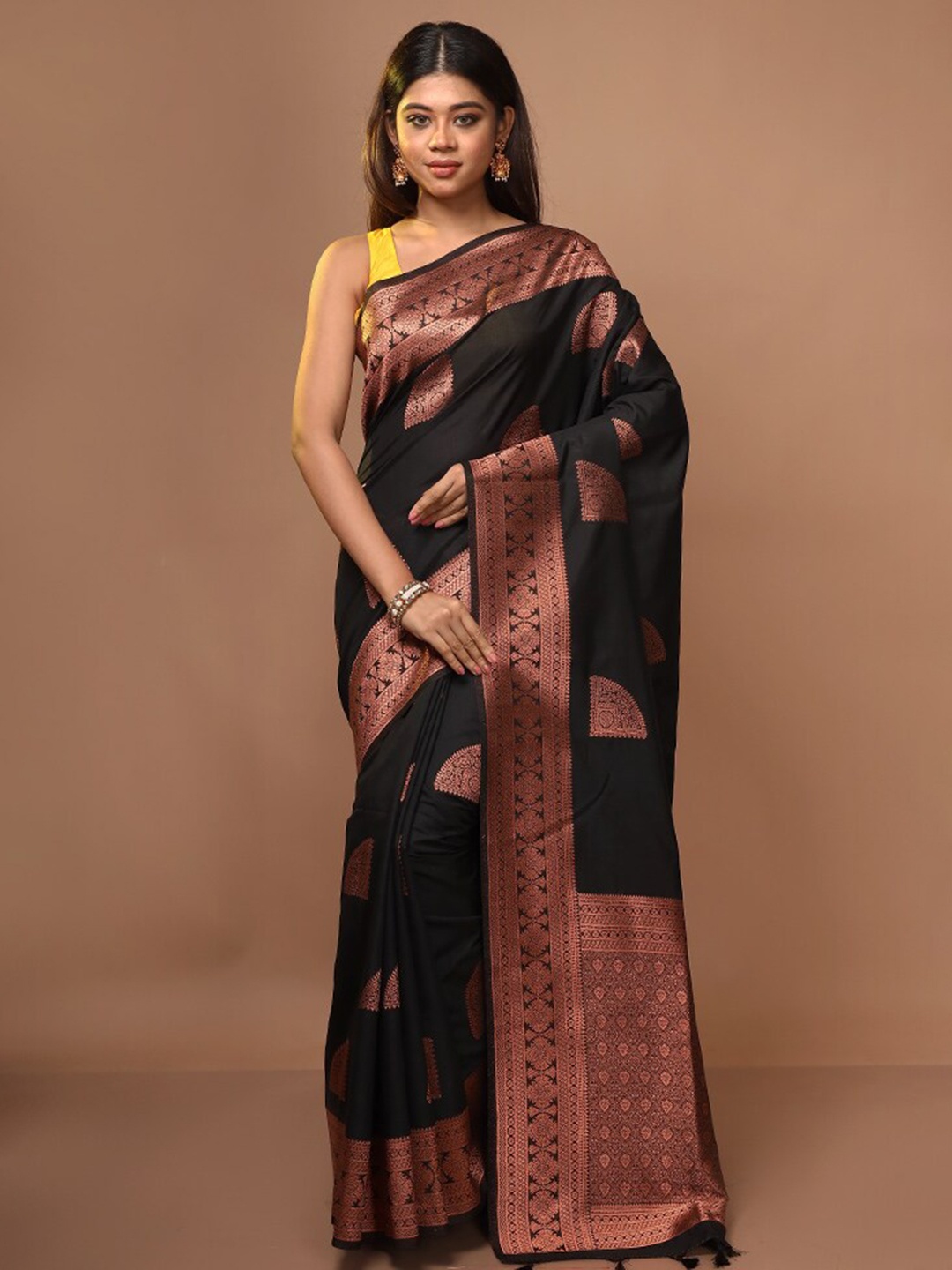 

AllSilks Black & Copper-Toned Woven Design Zari Pure Silk Saree