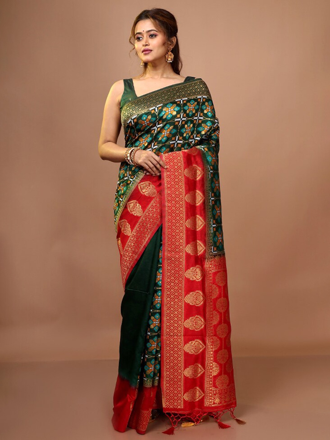 

AllSilks Green & Red Woven Design Zari Pure Silk Saree
