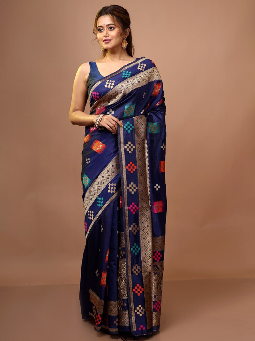 

AllSilks Blue & Pink Woven Design Zari Pure Silk Saree