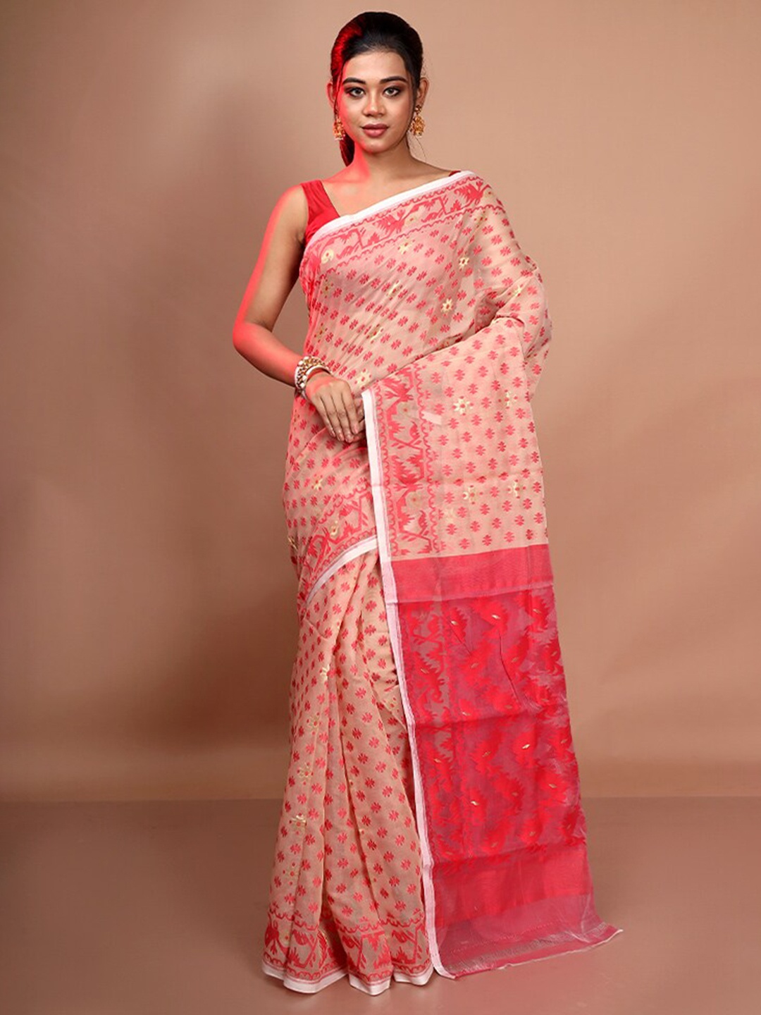 

AllSilks Off White & Red Woven Design Pure Silk Taant Saree