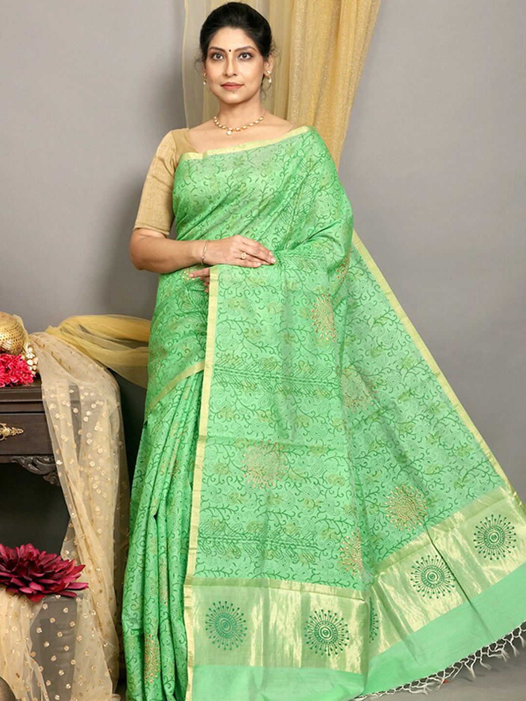 

AllSilks Ethnic Motifs Printed Zari Pure Silk Tussar Saree, Green