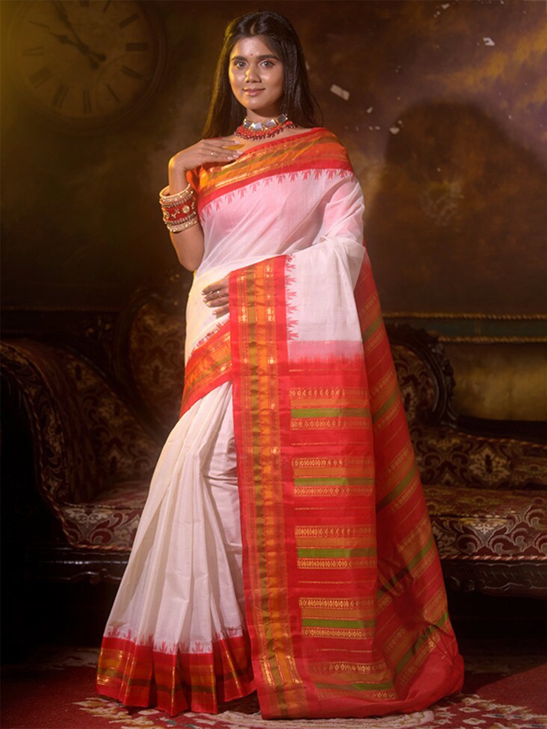 

AllSilks Zari Pure Silk Gadwal Saree With Blouse Piece, White
