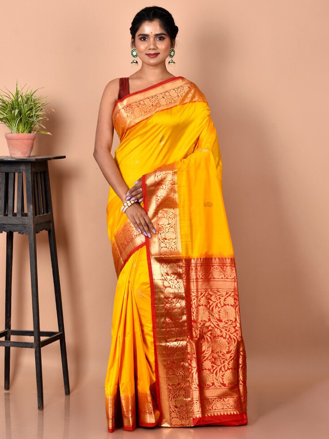 

AllSilks Ethnic Motifs Woven Design Zari Pure Silk Kanjeevaram Saree, Yellow