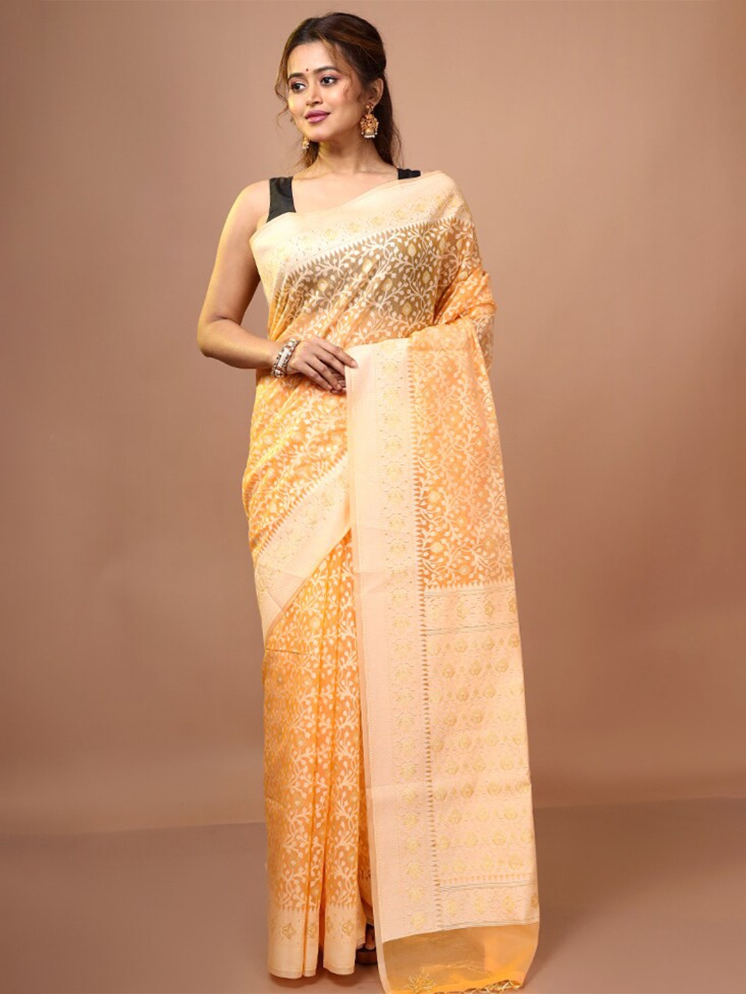 

AllSilks Floral Pure Silk Saree With Blouse Piece, Yellow