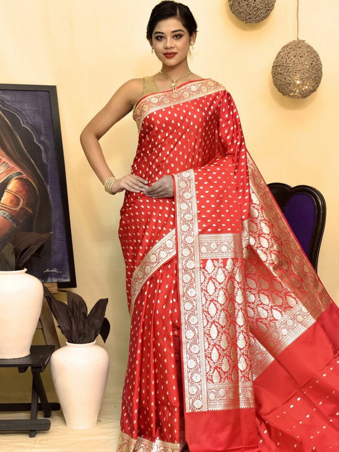 

AllSilks Ethnic Motifs Woven Design Zari Pure Silk Banarasi Saree, Red