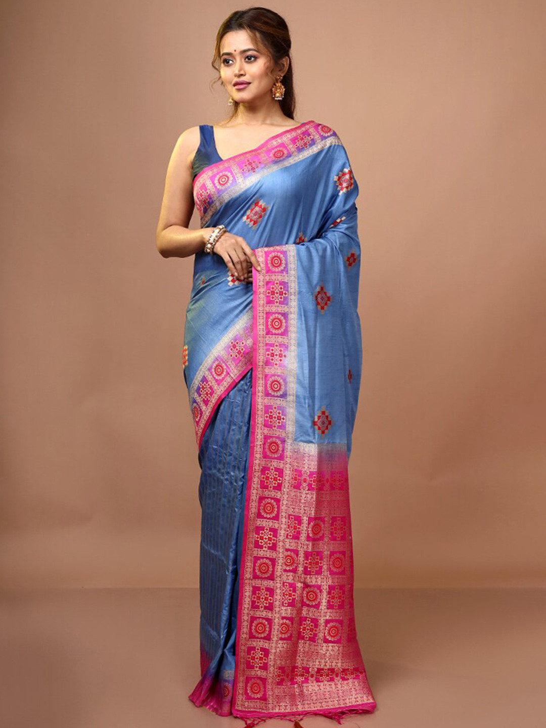 

AllSilks Blue & Pink Woven Design Zari Pure Silk Saree
