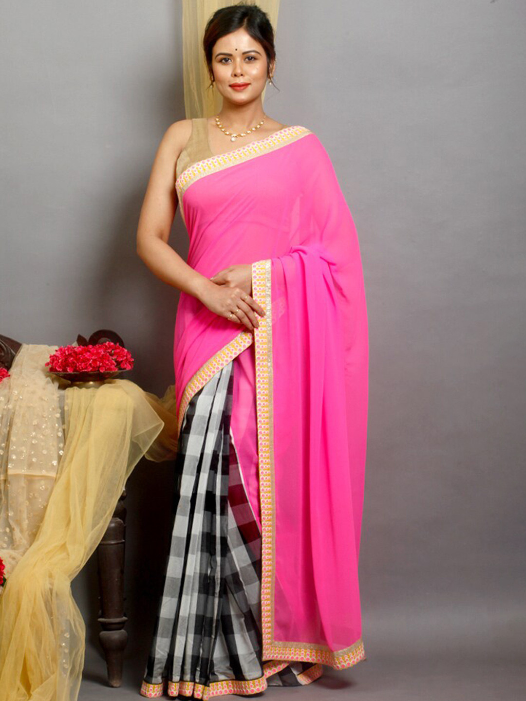 

AllSilks Checked Embroidered Pure Silk Half and Half Saree, Pink