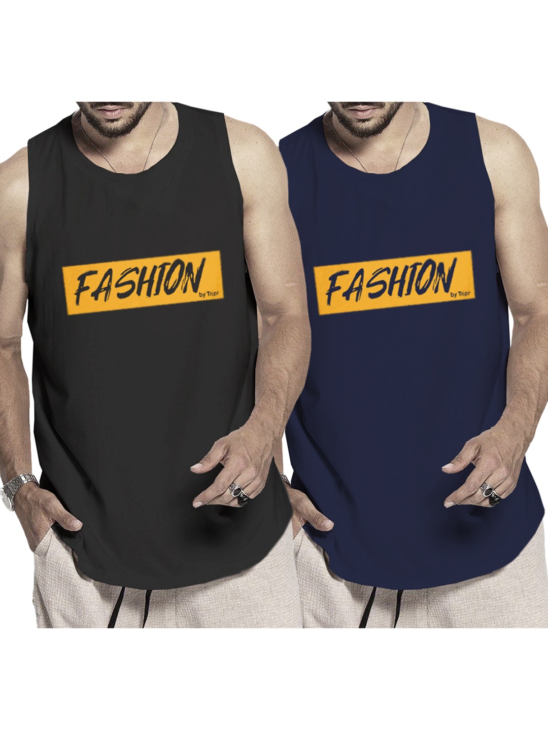

TRIPR Pack Of 2 Printed Cotton Basic Vests, Black