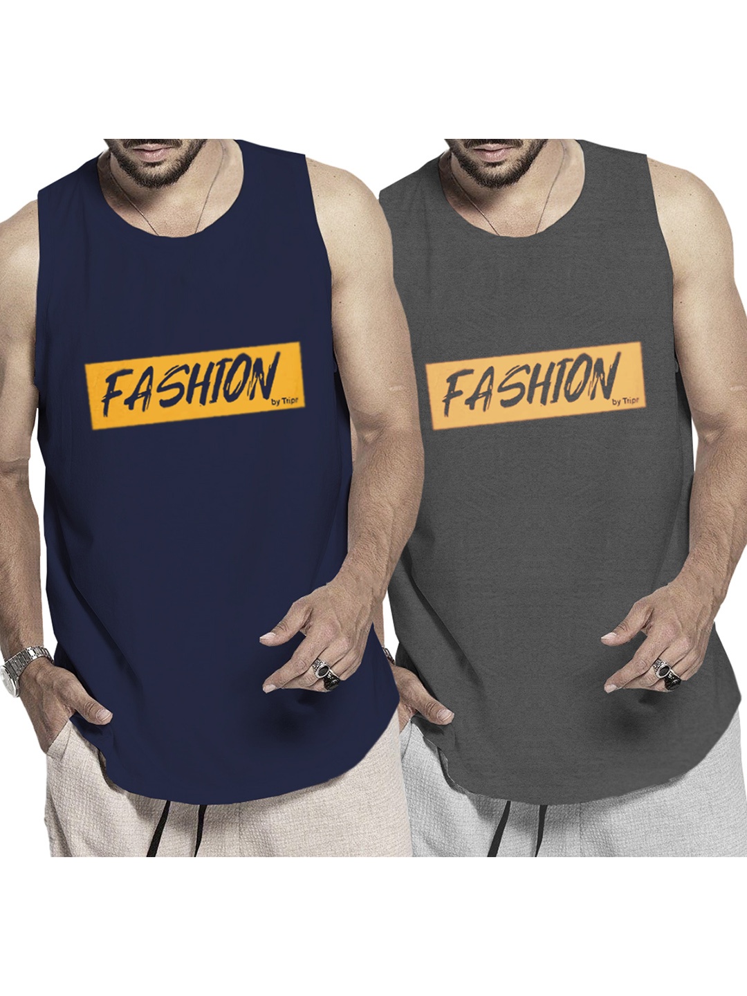 

TRIPR Pack Of 2 Printed Cotton Basic Vests, Charcoal