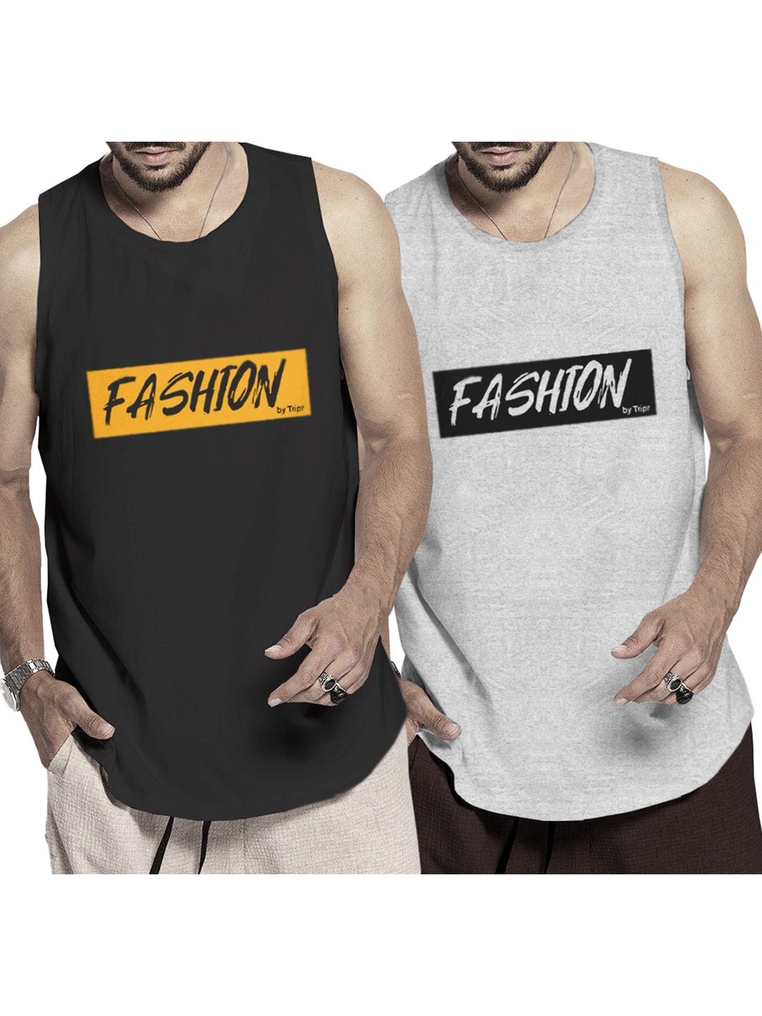 

TRIPR Pack Of 2 Printed Cotton Basic Vests, Black