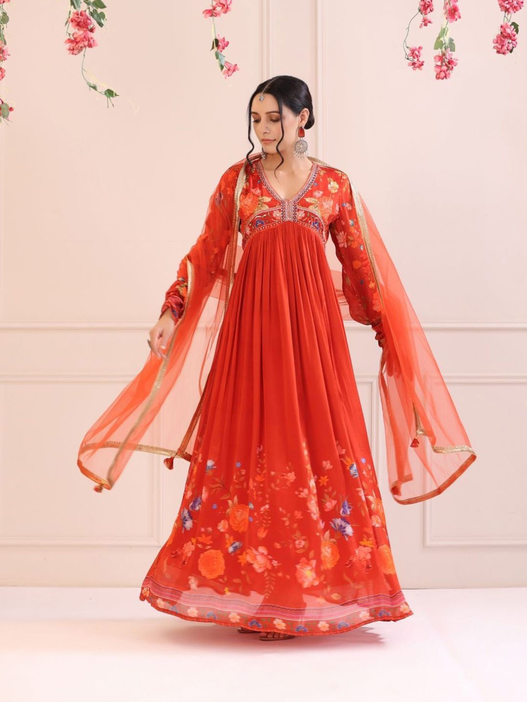 

Zolo Label Embroidered Ethnic Maxi Dress With Dupatta, Red