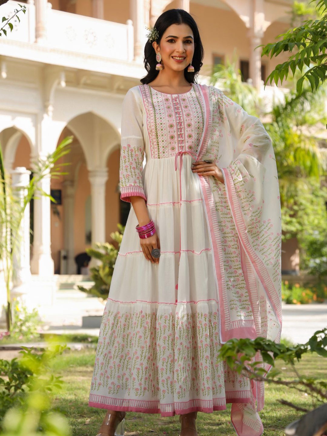 

Zolo Label Ethnic Motif Embroidered Tiered Fit & Flare Maxi Ethnic Dress With Dupatta, White