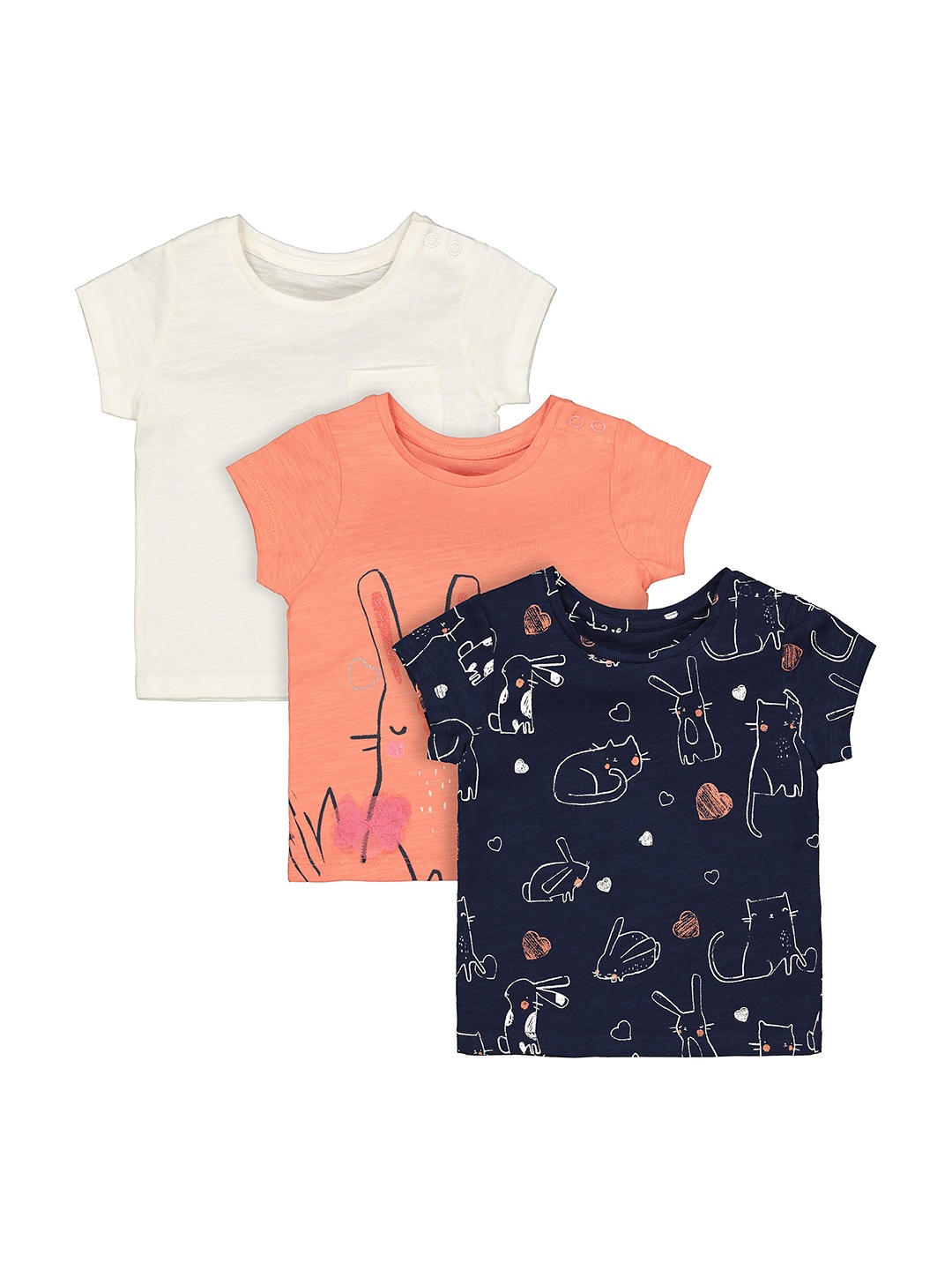 

mothercare Girls Pack Of 3 Graphic Printed Cotton T-shirt, Navy blue