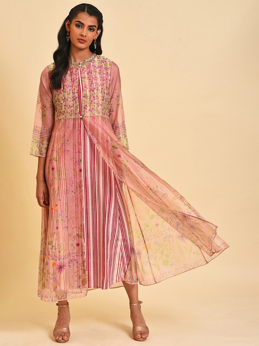 

WISHFUL Floral Print Ethnic A-Line Midi Ethnic Dress, Pink