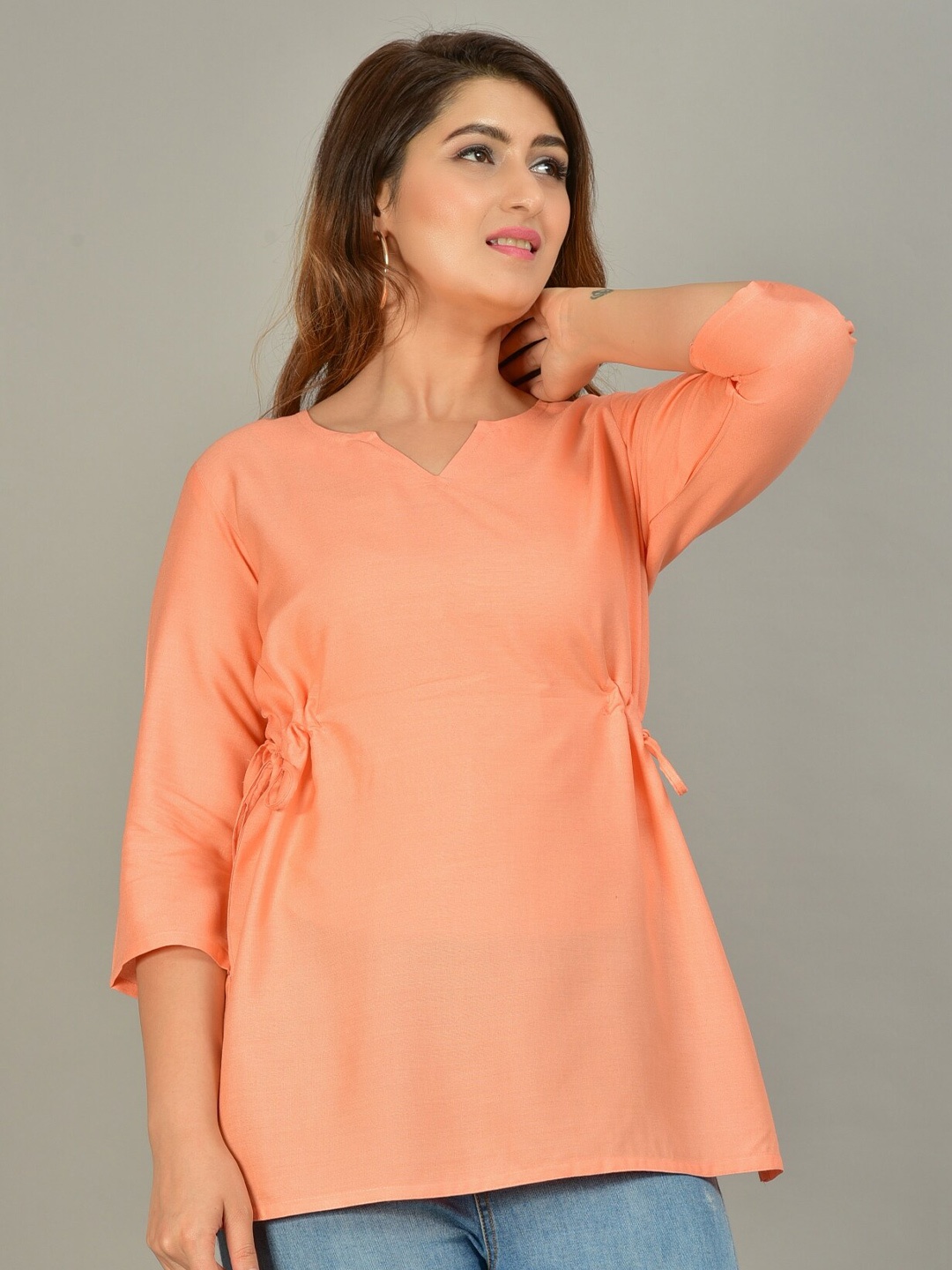 

SkyaSia Notched Neck Cinched Waist Longline Top, Peach