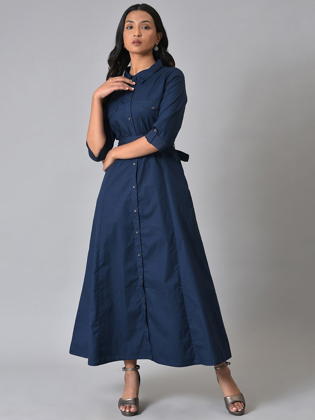 

W Women Mandarin Collar Maxi Cotton Dress, Blue