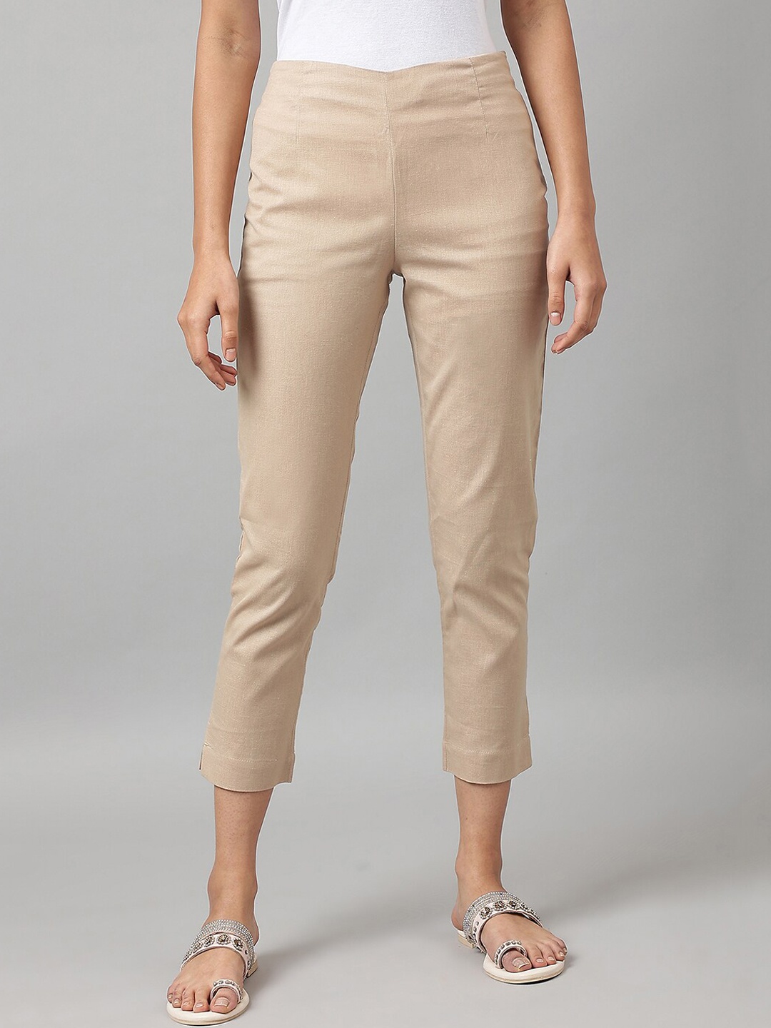 

W Women Slim Fit Mid-Rise Cigarette Trousers, Beige