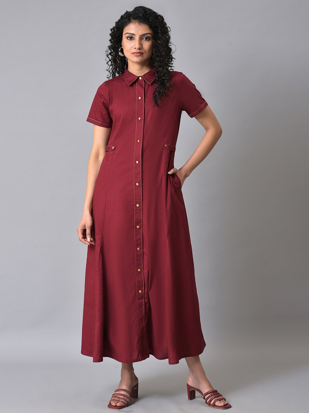 W Flared Hem Pure Cotton Shirt Maxi Dress, Red
