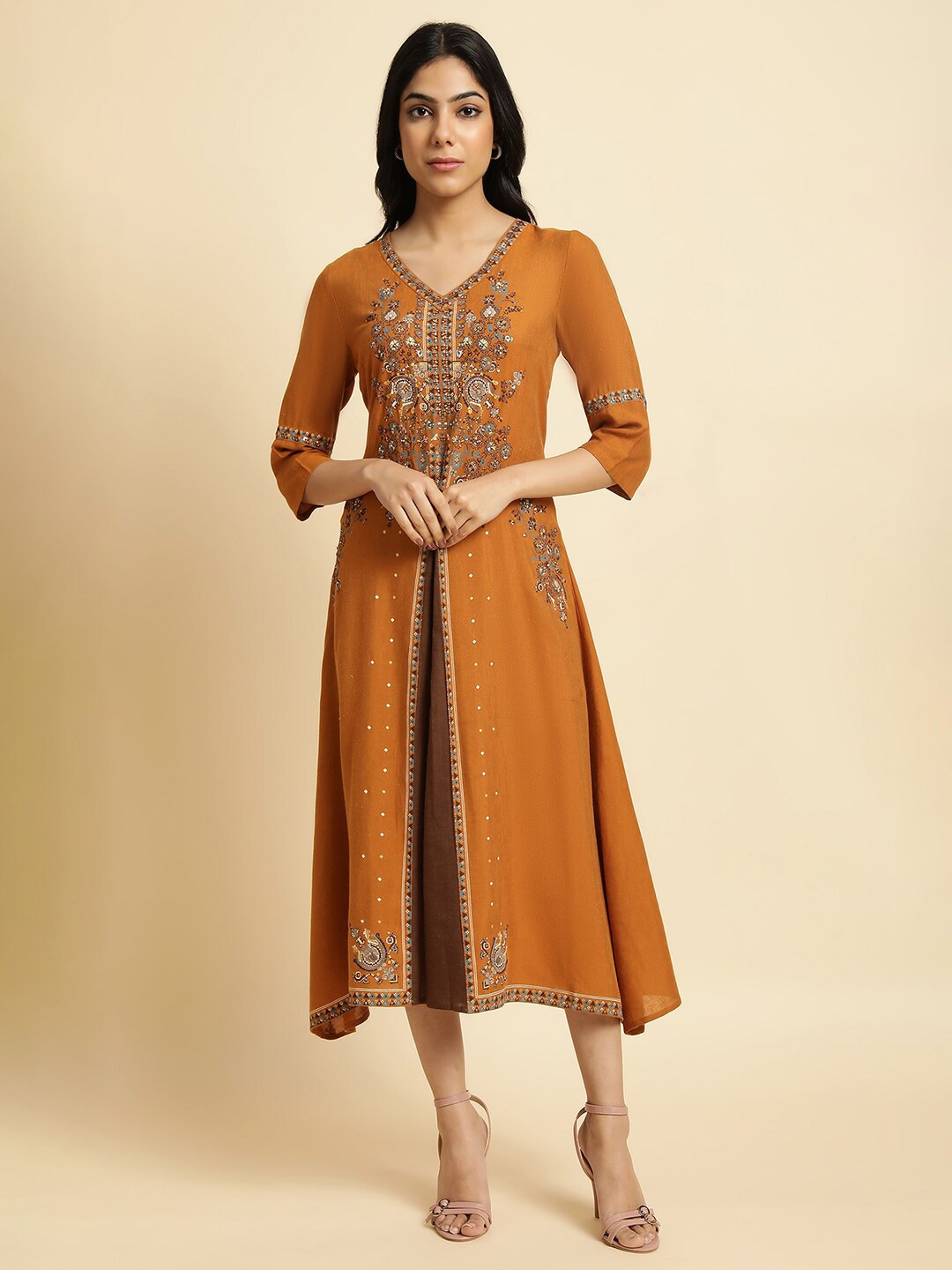 

W Ethnic Motifs Printed A-Line Midi Dress, Mustard