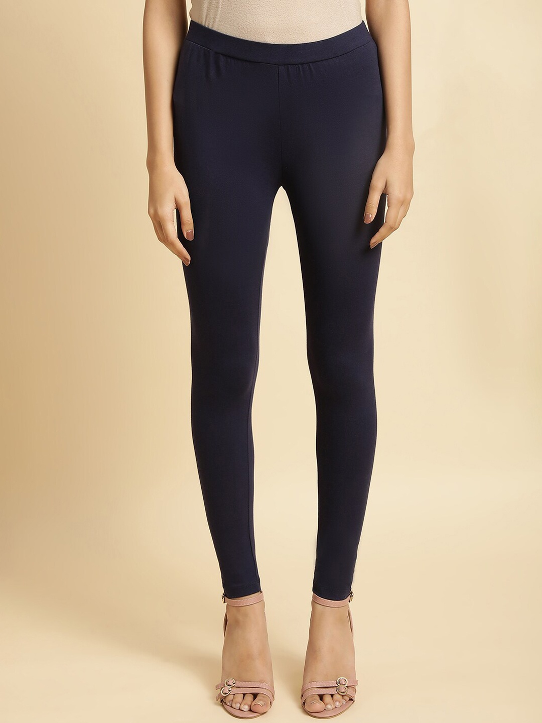 

W Blue Cotton Lycra Ankle Length Slip-On Leggings