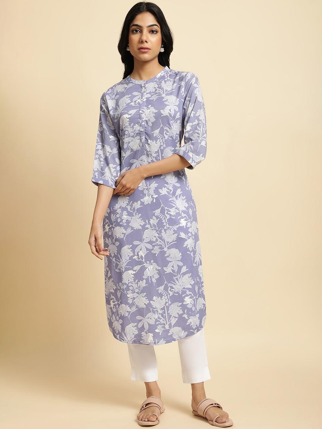 

W Purple & White Floral Printed Band Collar Kurta
