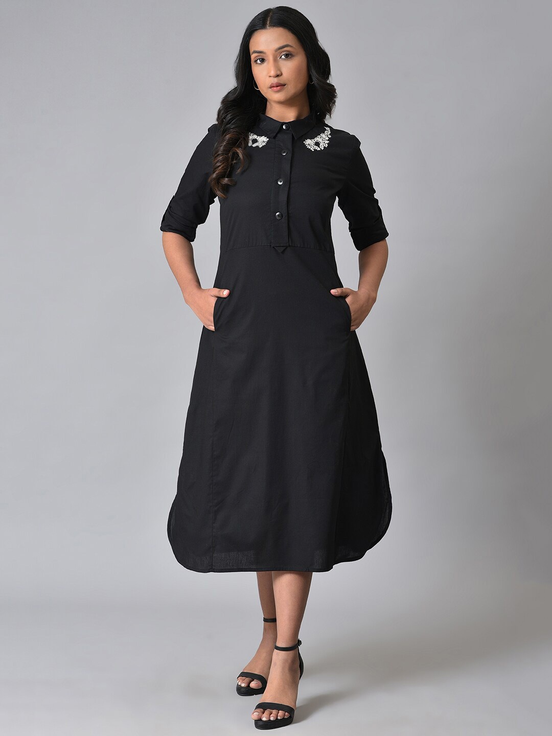 

W Ebroidered Shirt Collar Pure Cotton A-Line Midi Dress, Black