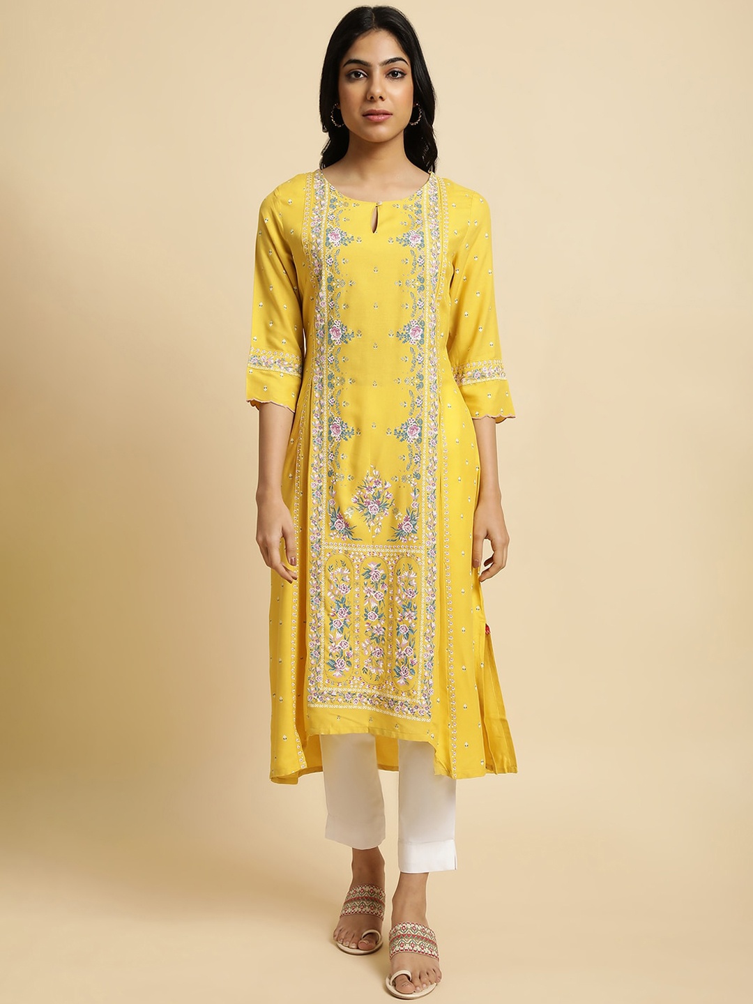 

W Yellow & Pink Floral Printed Keyhole Neck A-Line Kurta