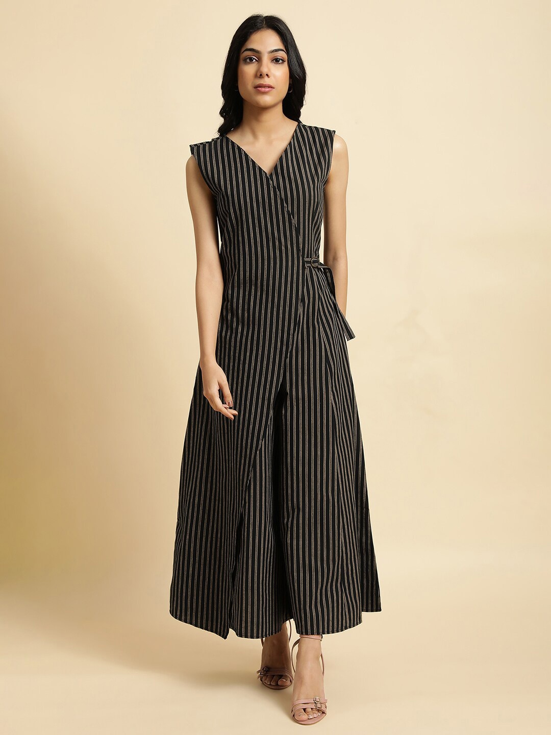 W Black & Brown Striped Cotton V-Neck Sleeveless Waist Tie-Ups Basic Jumpsuit