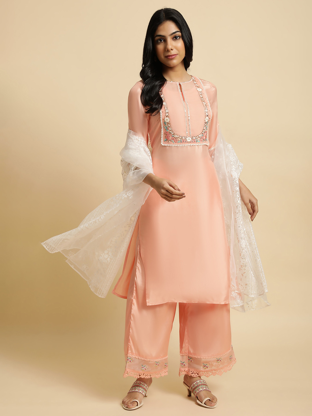 

W Rayon Kurta With Palazzos & Dupatta, Peach
