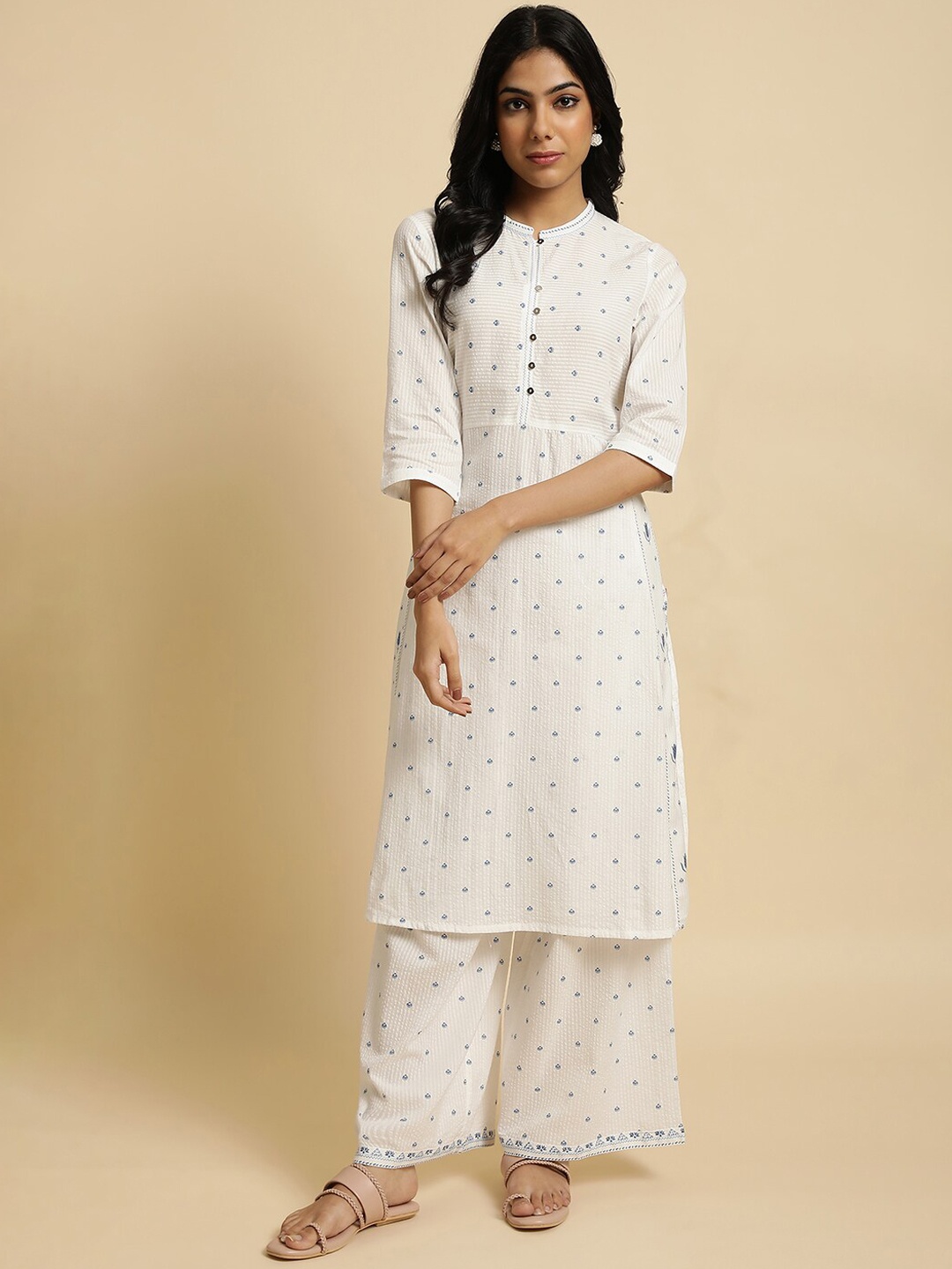 

W Floral Print Cotton Kurta Set With Palazzos, White