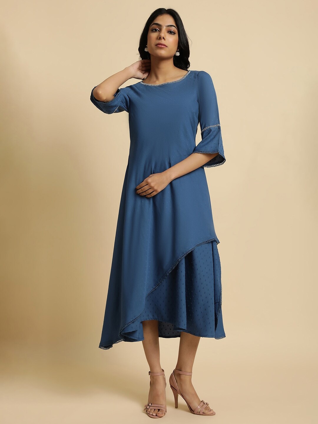

W Blue Bell Sleeves Layered A-Line Midi Dress