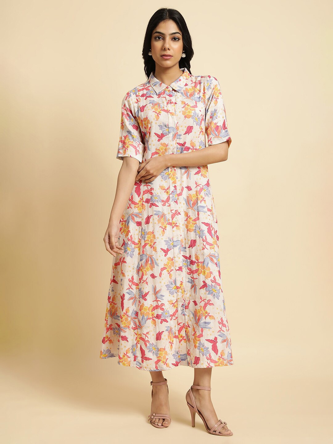 

W Floral Printed Shirt Collar Pure Cotton Fit & Flare Midi Dress, White