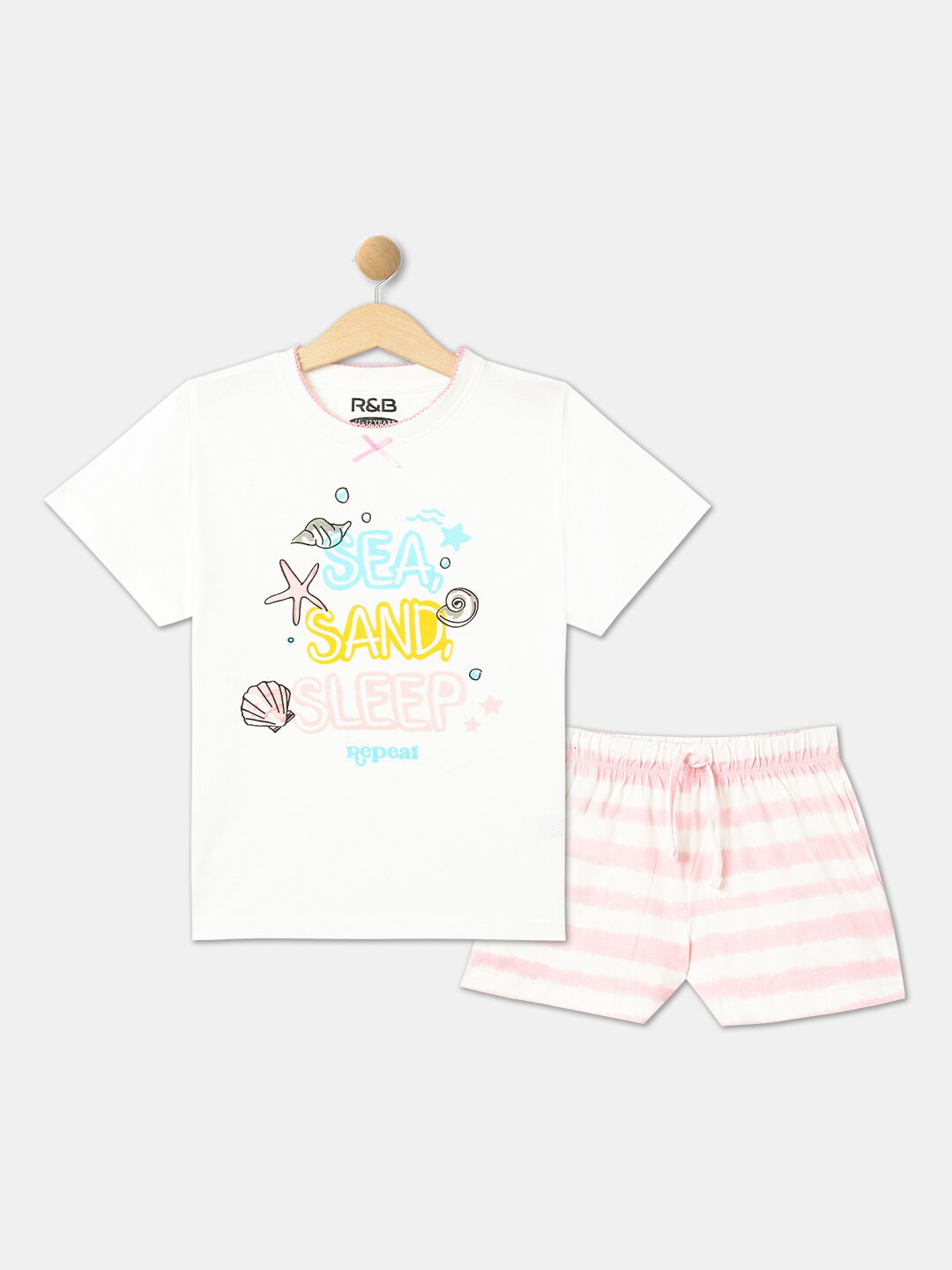

R&B Girls Printed Pure Cotton T-shirt with Shorts, White