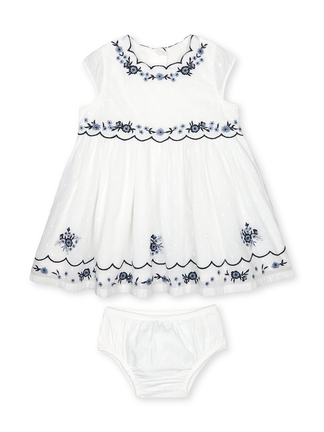 

mothercare Infant Girls Floral Embroidery Cotton Fit & Flare Dress with Brief, White