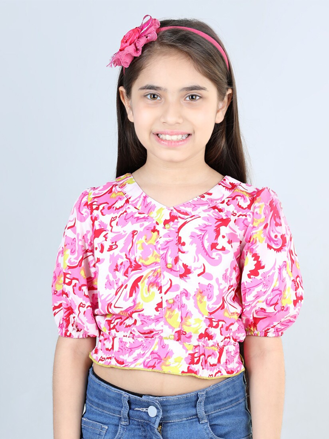 

Cutiekins Girls Abstract Printed Puffed Sleeves Crop Top, Pink