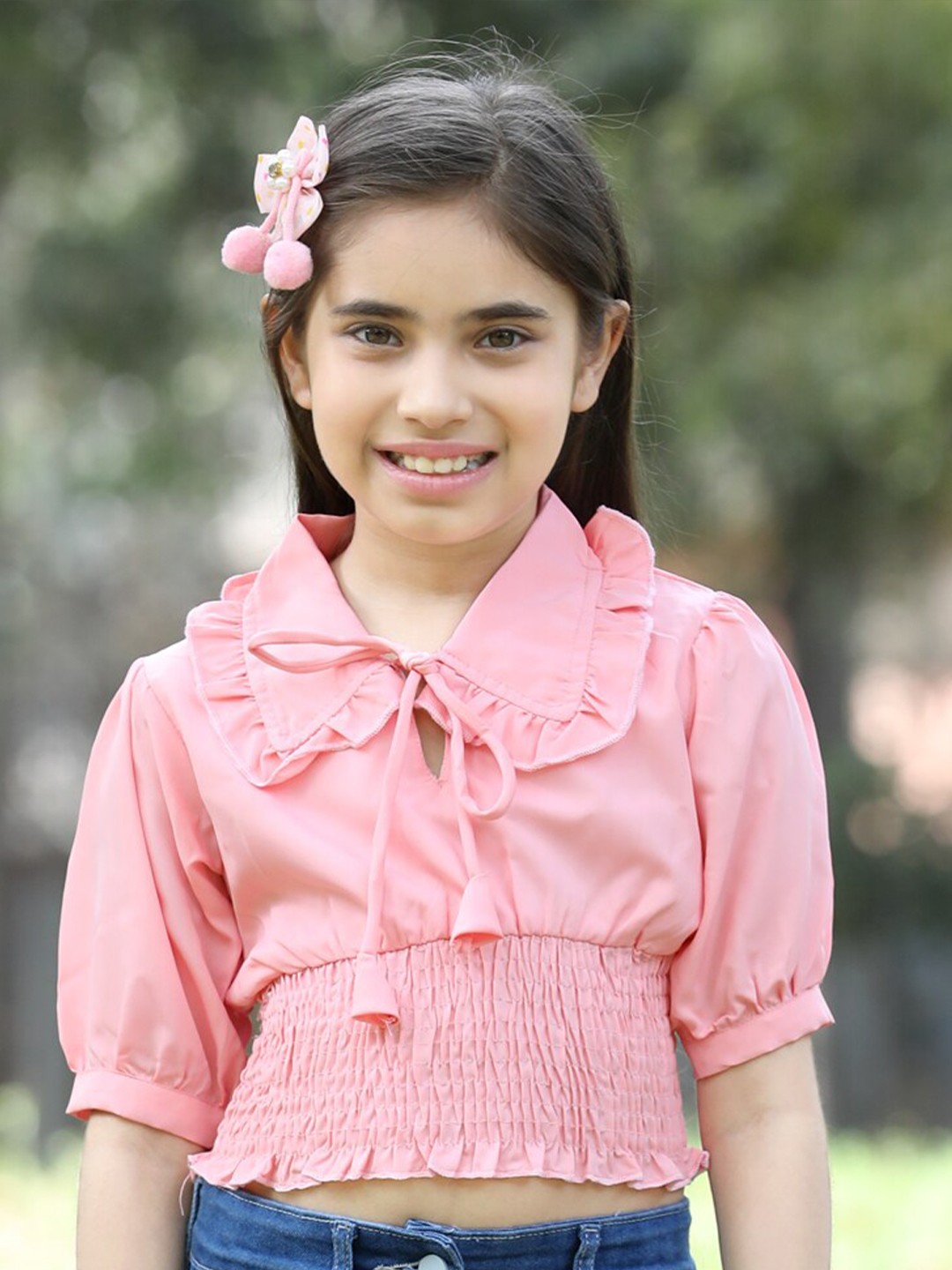 

Cutiekins Girls Peter Pan Collar Cuff Sleeves Smocking Top, Peach