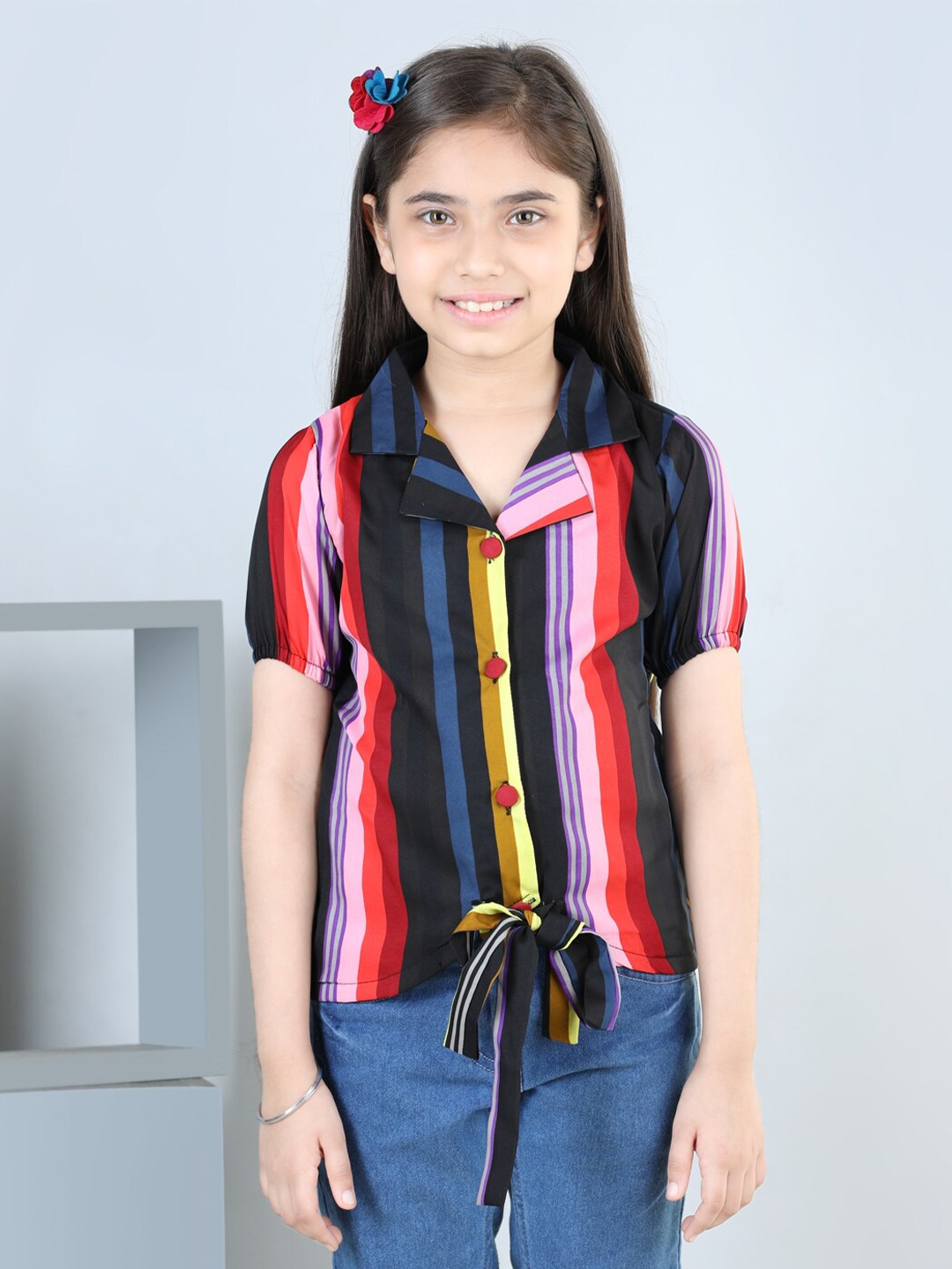 

Cutiekins Girls Vertical Striped Puffed Sleeves Shirt Style Top, Black