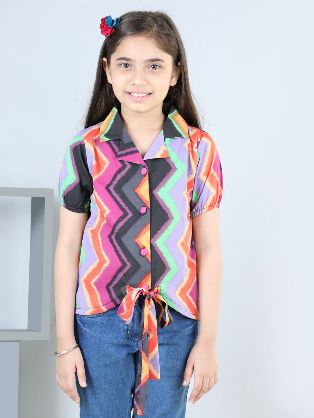 

Cutiekins Girls Geomertic Printed Puffed Sleeves Shirt Style Top, Multi