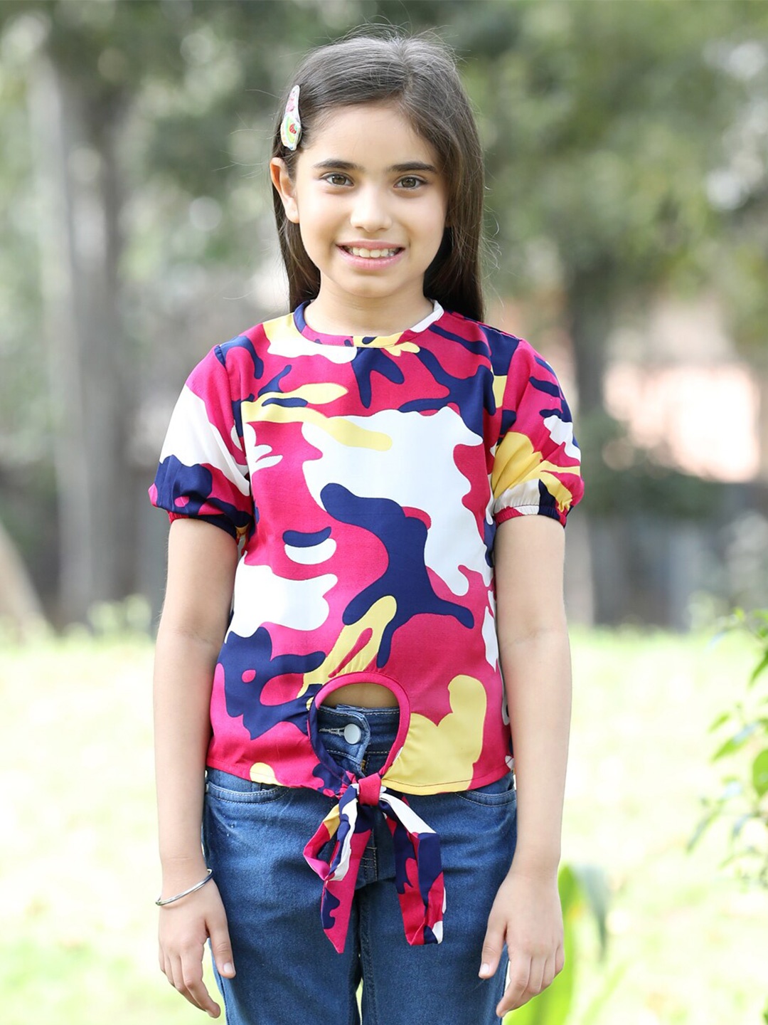 

Cutiekins Girls Abstract Printed Puff Sleeves Top, Pink