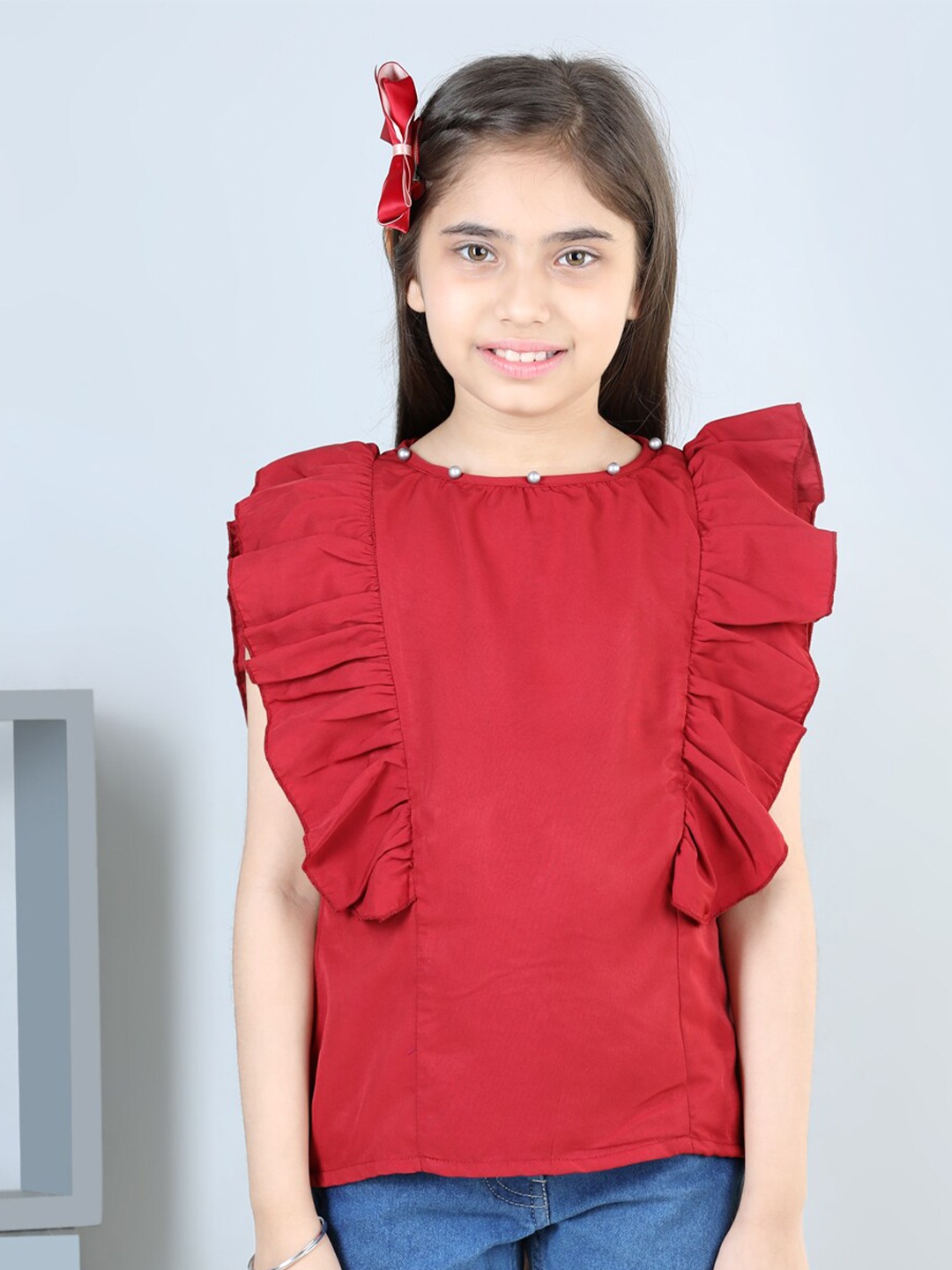 

Cutiekins Girls Round Neck Sleeveless Ruffles Top, Red