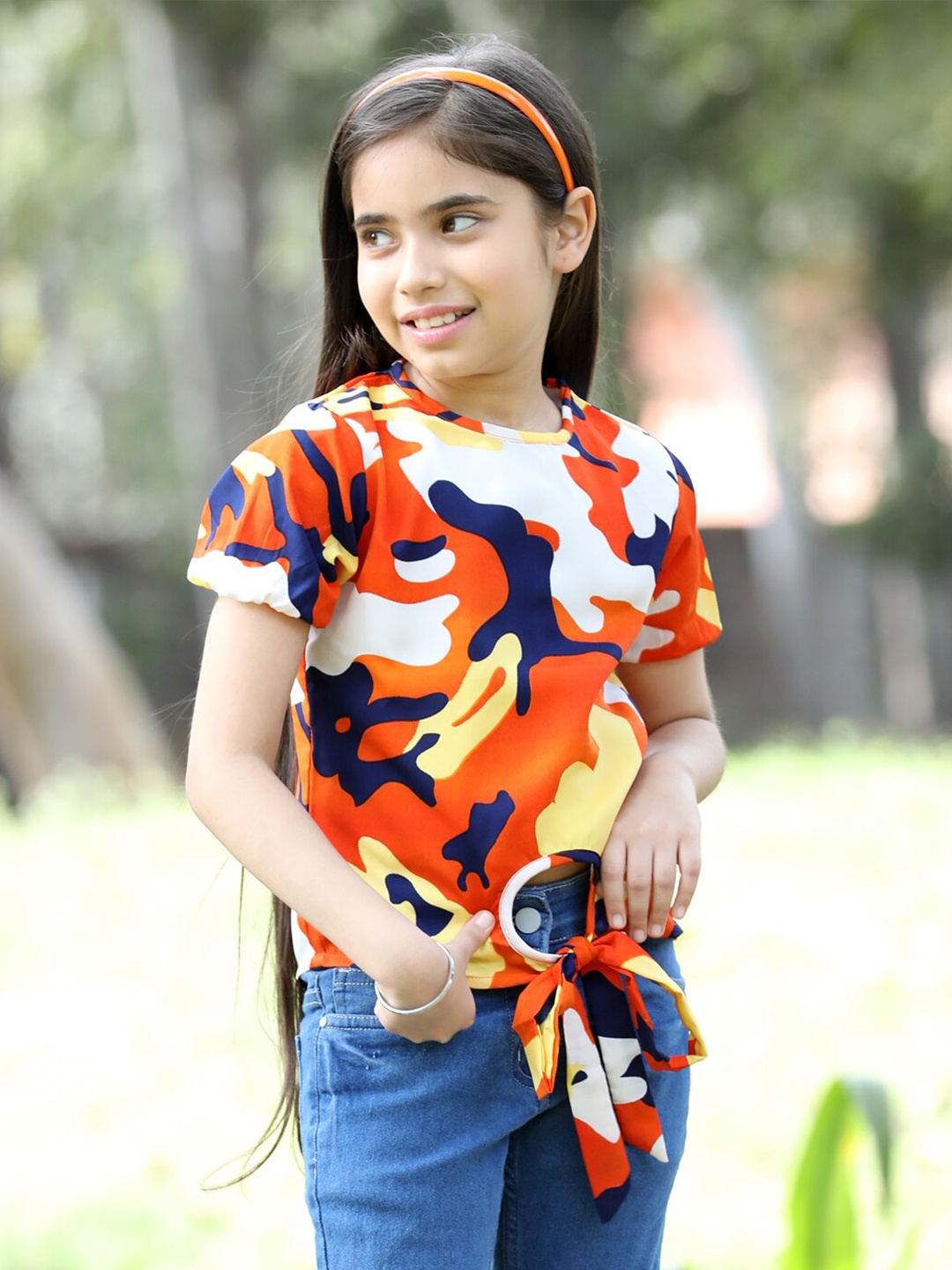 

Cutiekins Girls Abstract Printed Puffed sleeves Top, Orange