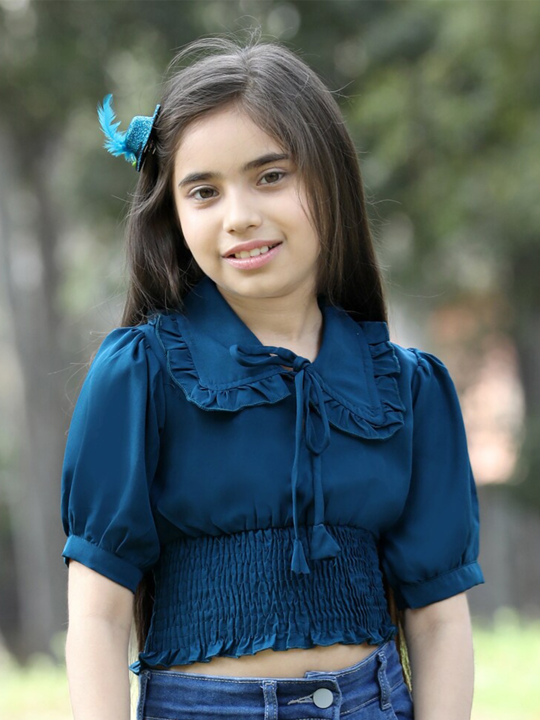 

Cutiekins Girls Tie-Up Neck Puffed sleeves Fitted Crop Top, Teal